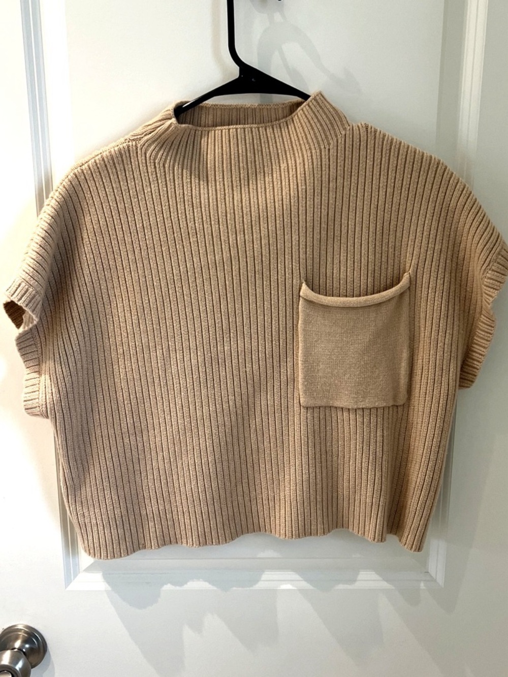 Boutique Ribbed Knit Short Sleeve Sweater Top - Beige